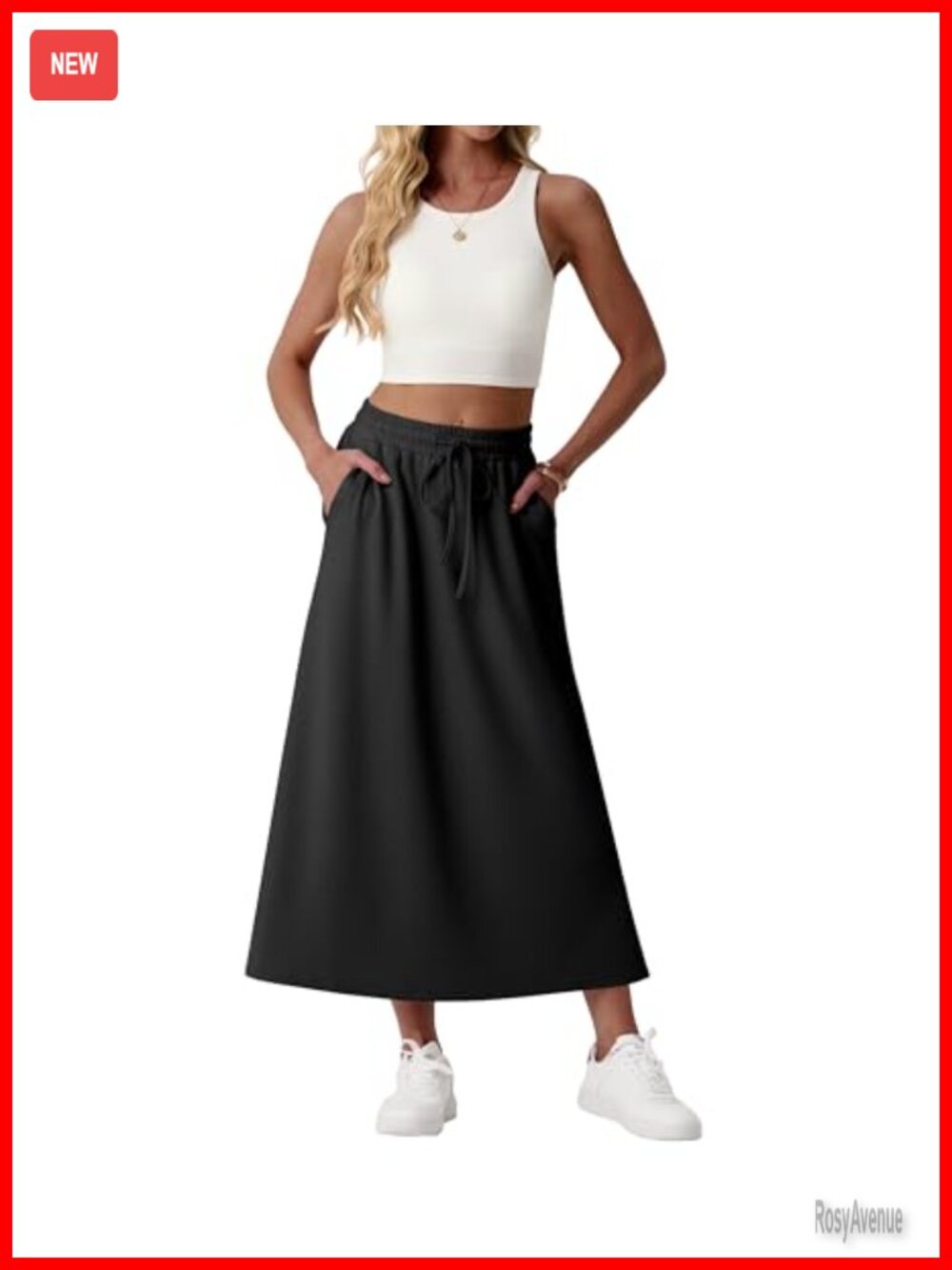 Maxi Skirt A-Line Drawstring Waist with Pockets Summer Long